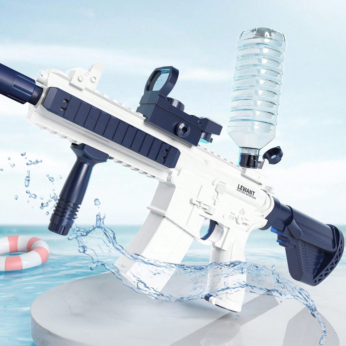 M416 Electric Water Gun - Powerful Water Soaker With External Water Bottle Connection - Up To 20 FT Long Range Automatic Toy For Kids & Adults - Perfect For Outdoor Water Pool Shooting Games Blue