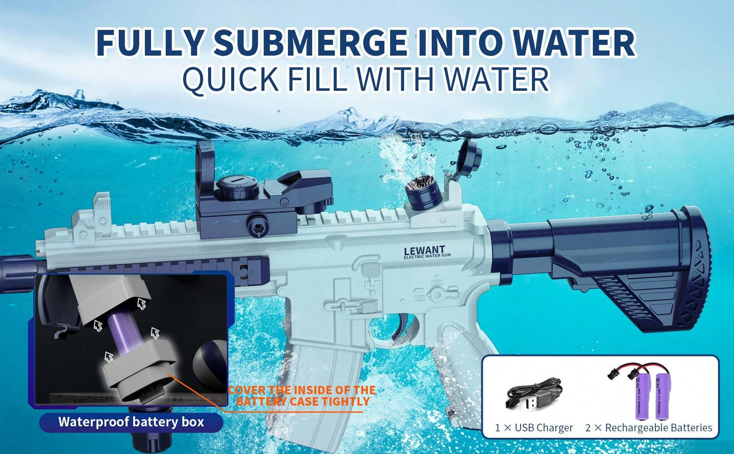 M416 Electric Water Gun - Powerful Water Soaker With External Water Bottle Connection - Up To 20 FT Long Range Automatic Toy For Kids & Adults - Perfect For Outdoor Water Pool Shooting Games Blue