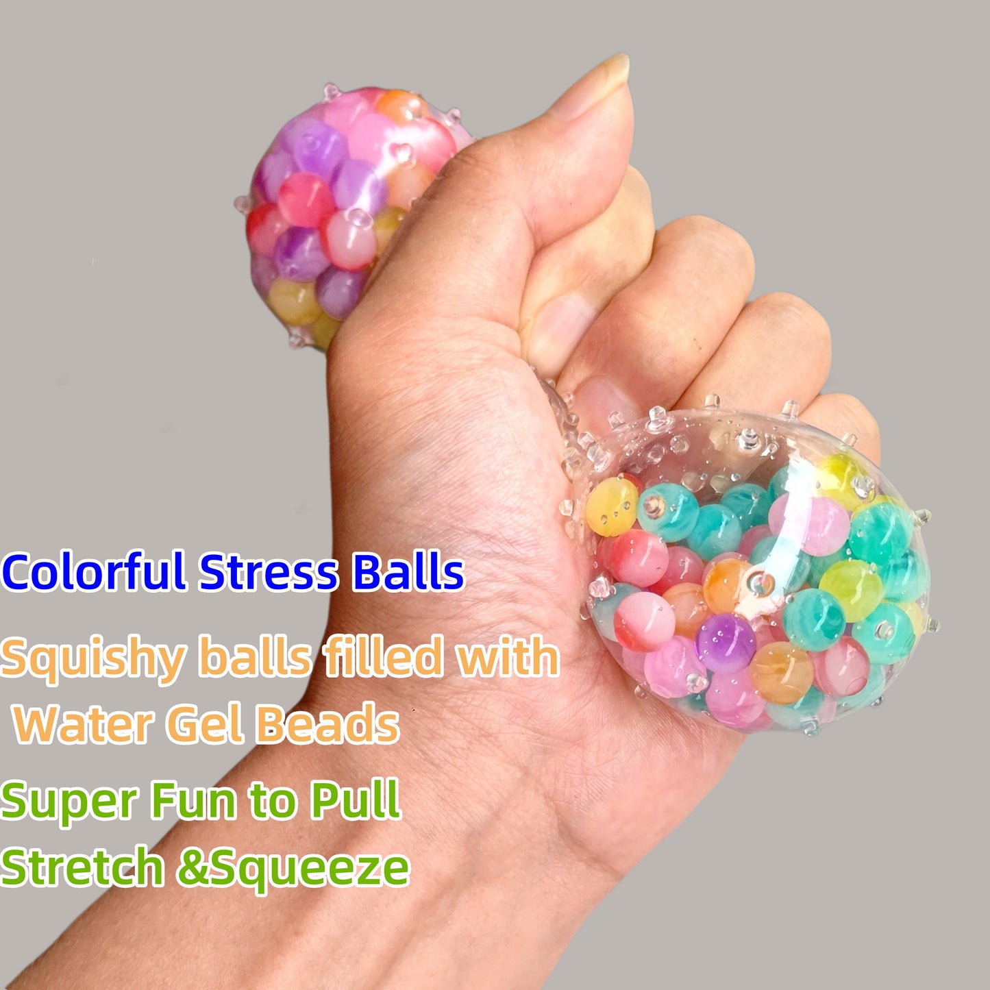 Colorful Stress Balls: Squishy Balls Filled with Water Gel Beads - Super Fun to Pull, Stretch & Squeeze - 2.36 inches - Perfect for Adults - Great Party Favors or Gifts