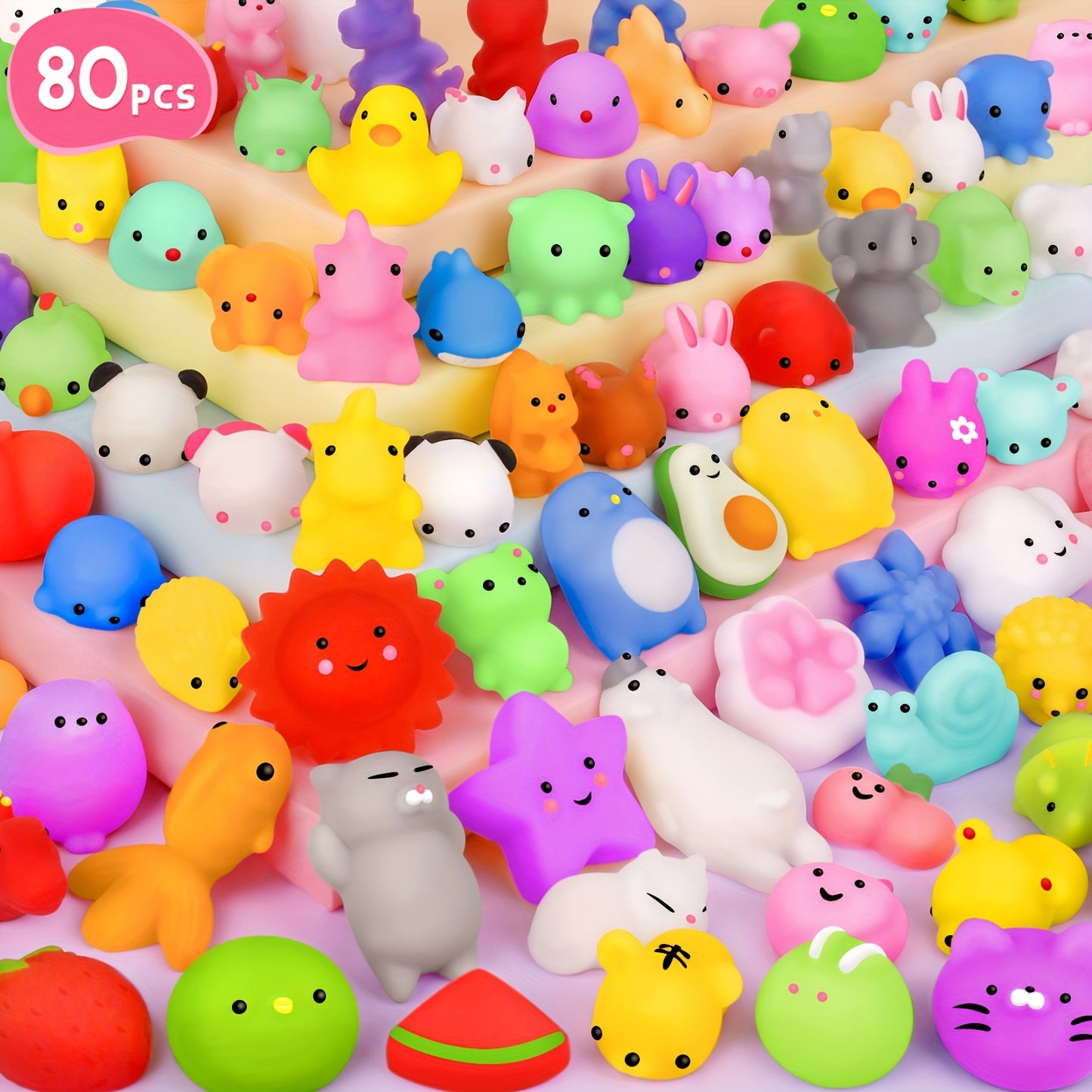 80pcs Mini Animal Mochi Squishy Toys, Kawaii Relaxing Toys for Kids, Easter & Birthday Party Favors, Classroom Prizes, Goodie Bag Fillers, Xmas Gifts, Random Assortment for Boys & Girls