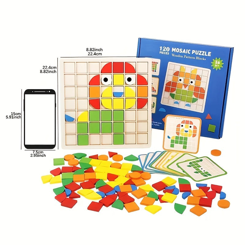 120pcs wooden mosaic puzzle set, wooden toys, 3D mosaic puzzle tabletop games in multiple colors and shapes, building blocks, perfect for birthdays, Christmas, Halloween and New Year gifts