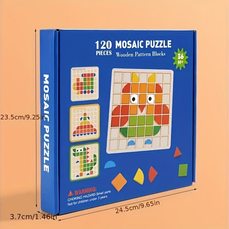 120pcs wooden mosaic puzzle set, wooden toys, 3D mosaic puzzle tabletop games in multiple colors and shapes, building blocks, perfect for birthdays, Christmas, Halloween and New Year gifts