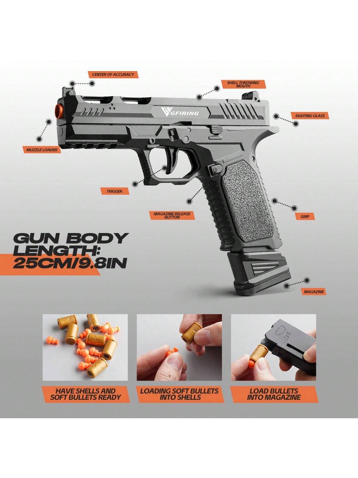 Toy Gun Soft Bullet Pistol For Teens - Rapid Fire, Auto Eject, Outdoor Shooting Game,100 Bullets, 18 Shells, 3 Magazines Black