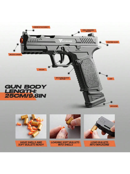 Toy Gun Soft Bullet Pistol For Teens - Rapid Fire, Auto Eject, Outdoor Shooting Game,100 Bullets, 18 Shells, 3 Magazines Black