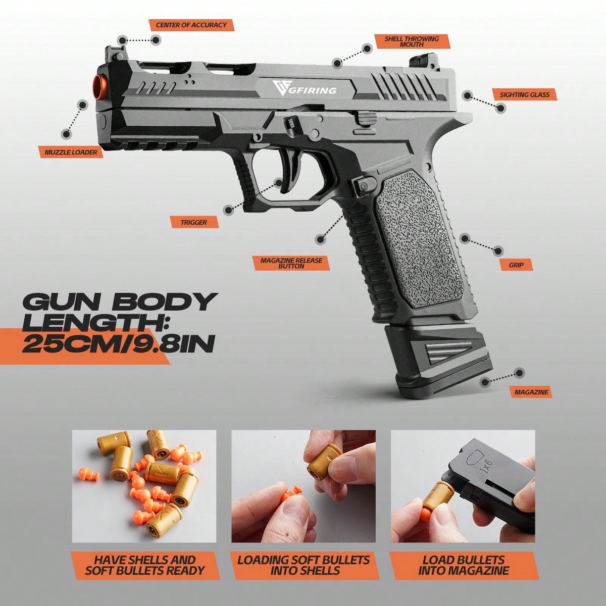 Toy Gun Soft Bullet Pistol For Teens - Rapid Fire, Auto Eject, Outdoor Shooting Game,100 Bullets, 18 Shells, 3 Magazines Black