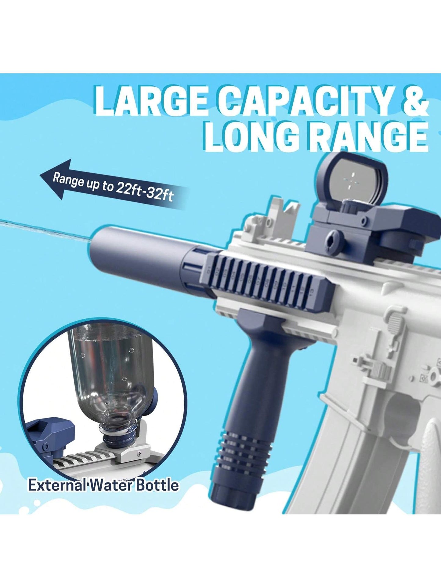 M416 Electric Water Gun - Powerful Water Soaker With External Water Bottle Connection - Up To 20 FT Long Range Automatic Toy For Kids & Adults - Perfect For Outdoor Water Pool Shooting Games Blue