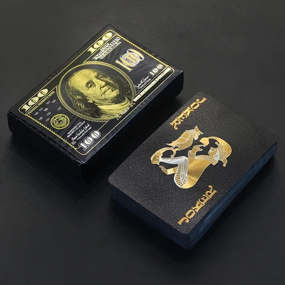 1pc Golden Foil US Dollar Design Waterproof PVC Playing Cards, Large Character Frosted, Black & Golden, Ideal for Festivals, Christmas, Halloween, Oktoberfest, Party Game, Adult