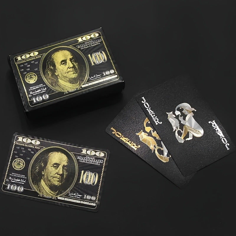 1pc Golden Foil US Dollar Design Waterproof PVC Playing Cards, Large Character Frosted, Black & Golden, Ideal for Festivals, Christmas, Halloween, Oktoberfest, Party Game, Adult
