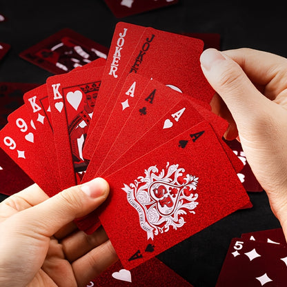 1 Set of 55pcs Waterproof Red Playing Cards - Metal Embellished, Durable, Comfort Grip, Smooth Shuffle for Parties and Events