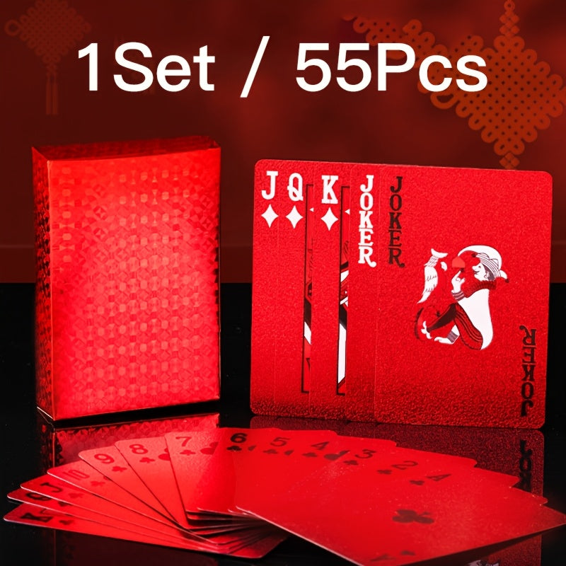1 Set of 55pcs Waterproof Red Playing Cards - Metal Embellished, Durable, Comfort Grip, Smooth Shuffle for Parties and Events