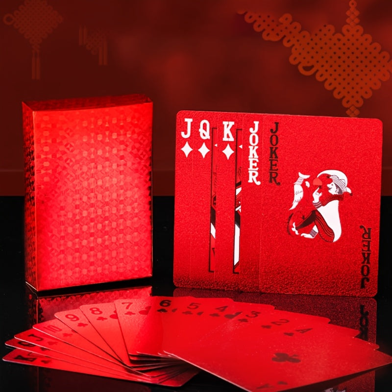 1 Set of 55pcs Waterproof Red Playing Cards - Metal Embellished, Durable, Comfort Grip, Smooth Shuffle for Parties and Events