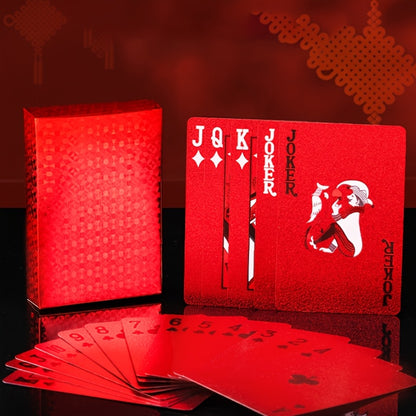 1 Set of 55pcs Waterproof Red Playing Cards - Metal Embellished, Durable, Comfort Grip, Smooth Shuffle for Parties and Events