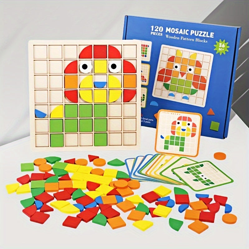 120pcs wooden mosaic puzzle set, wooden toys, 3D mosaic puzzle tabletop games in multiple colors and shapes, building blocks, perfect for birthdays, Christmas, Halloween and New Year gifts
