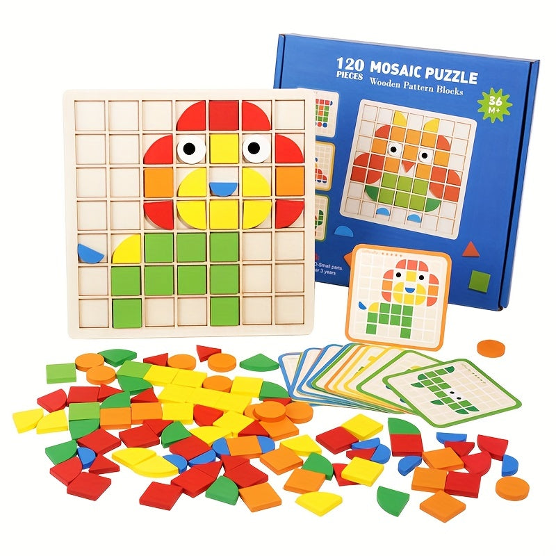 120pcs wooden mosaic puzzle set, wooden toys, 3D mosaic puzzle tabletop games in multiple colors and shapes, building blocks, perfect for birthdays, Christmas, Halloween and New Year gifts